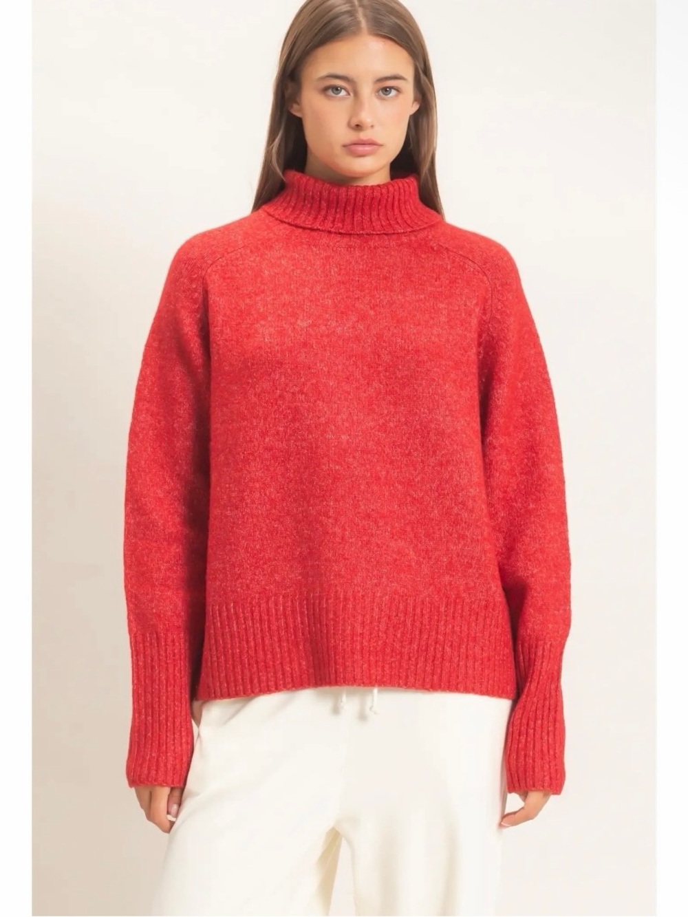 044. Tomato Red,  relaxed fit , ribbed cuffs, Turtleneck Sweater, various sizes